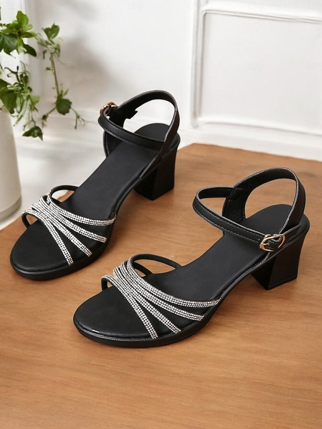 Black Strappy Comfortable Rhinestones - Block Sandals Heel with