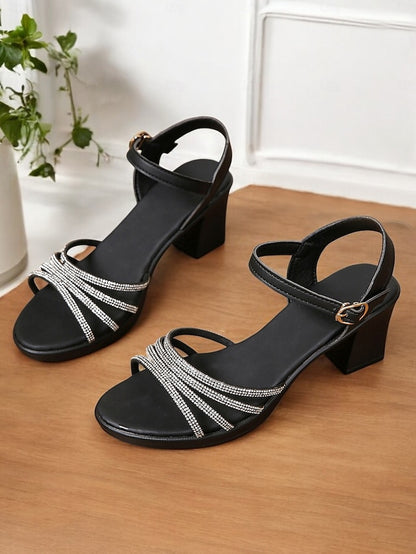 Black Strappy Comfortable Rhinestones - Block Sandals Heel with