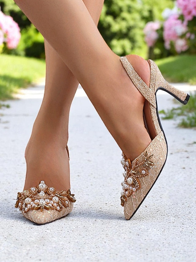 Black Pearl Heels - Slingback Satin with Women's Detailing