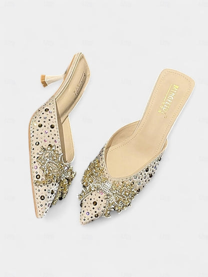 Slip-On Pointed Rhinestone Mules - Glitter Toe Women's