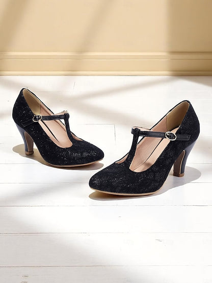 Lace Heel Ivory Mid T-Strap Women's Pumps-1920s Vintage