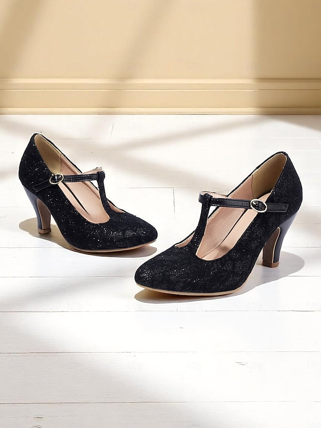 Mid T-Strap Lace Vintage Ivory Pumps-1920s Heel Women's