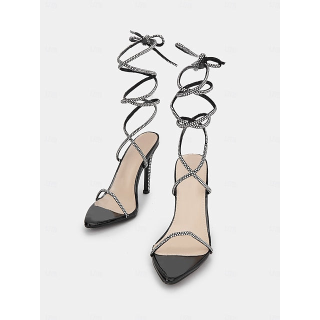 Black Lace-Up Stiletto Women's Sandals – Sexy Rhinestone