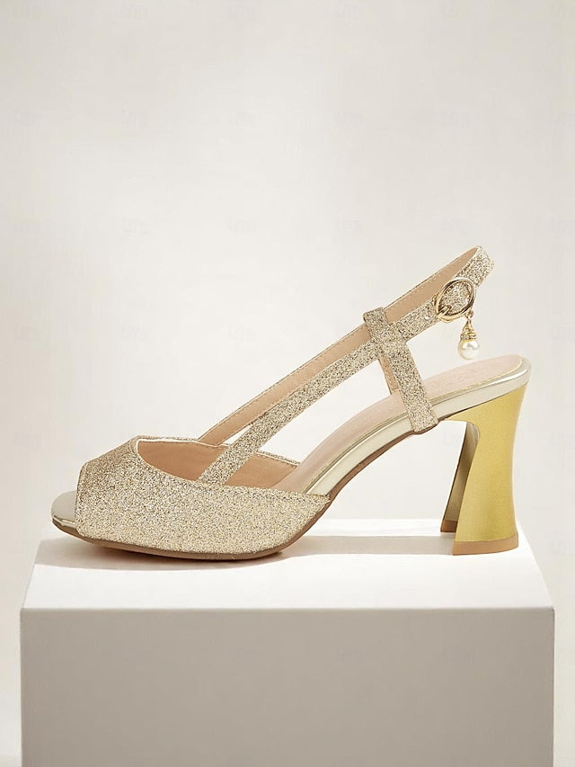 Slingback Gold Open-Toe Sparkly Women's Heels - Glitter