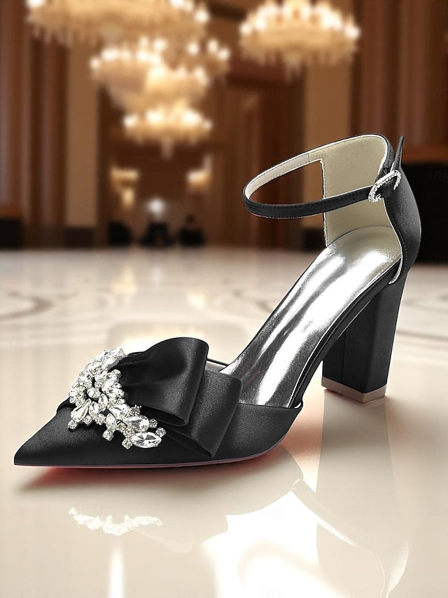 Heel Women's Block Bow Satin Pumps and with Crystal