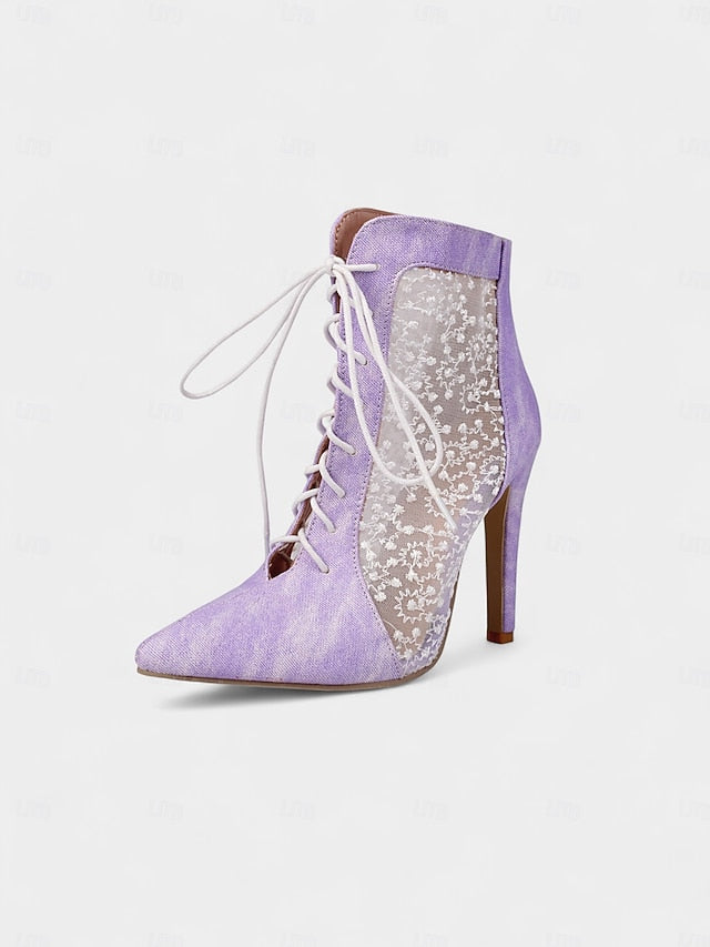 Stiletto Ankle Heels Mesh Women's Booties White Lace with