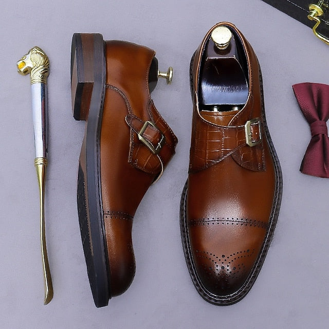 Genuine Leather Strap Black First Dress Monk Men's Shoes-