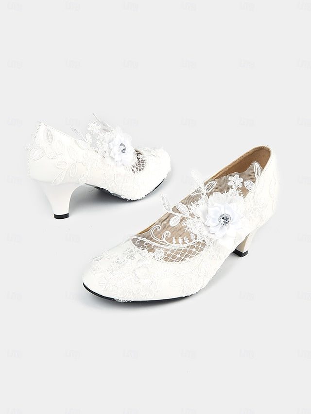 – White Floral Embellishments Lace with High Heel Bridal Shoes