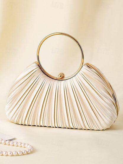 with - Elegant Handle Clutch Ring Green Gold Pleated Velvet