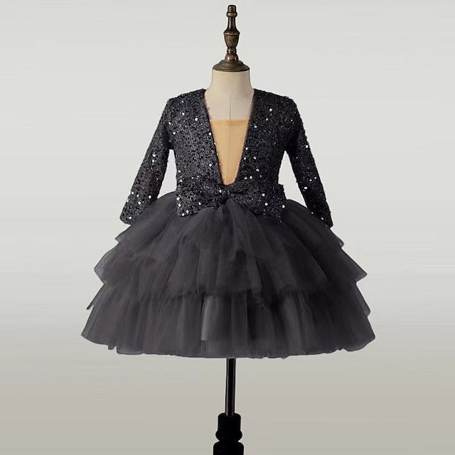Kids Sleeve Party Dress Long Performance Sequin Girls'