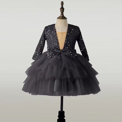 Girls' Kids Party Sleeve Dress Performance Sequin Long