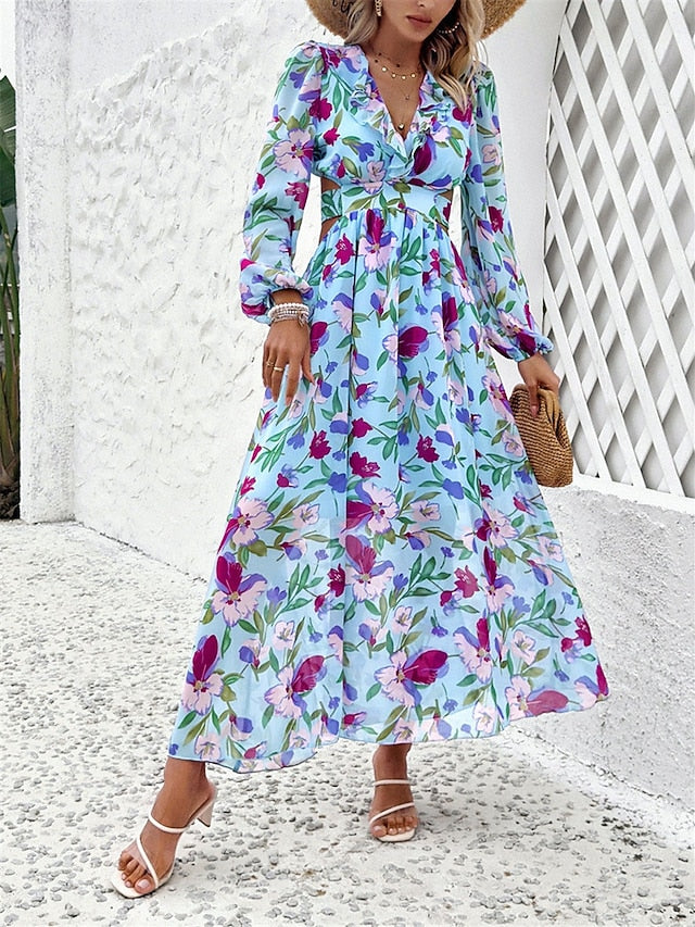 Women's Floral V Neck Maxi Dress Long Sleeve Summer Spring
