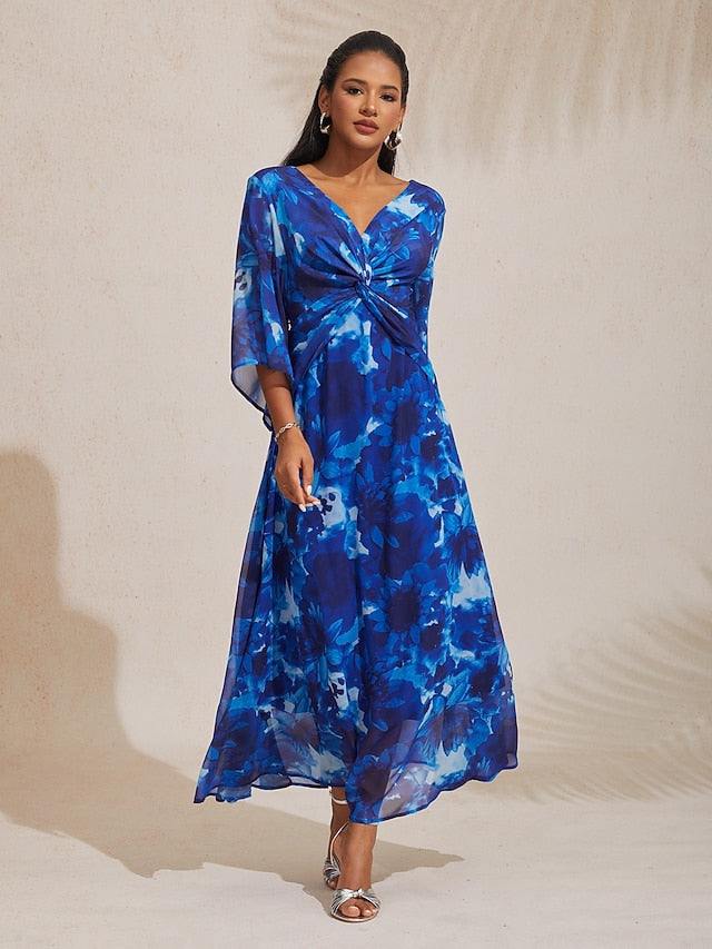 Abstract Floral V Neck Knot Front Flared Sleeve Maxi Dress