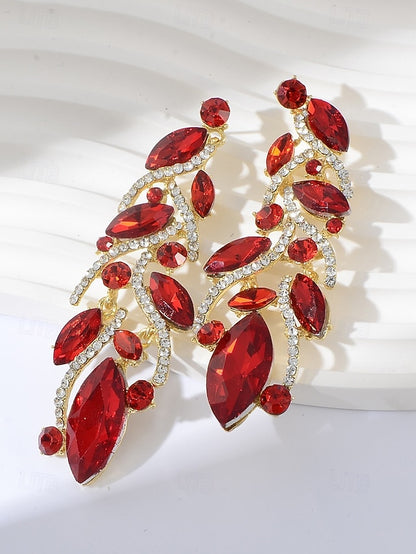 Leaf Design Earrings Women's Gold Elegant Crystal -