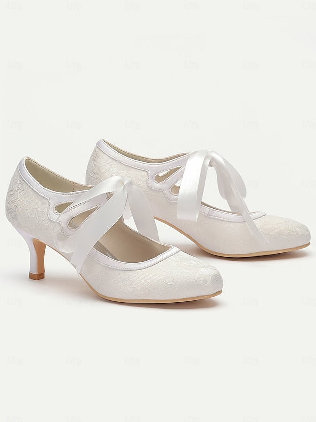 Satin Ribbon Bridal - Elegant White Pumps Vintage Lace with Ties