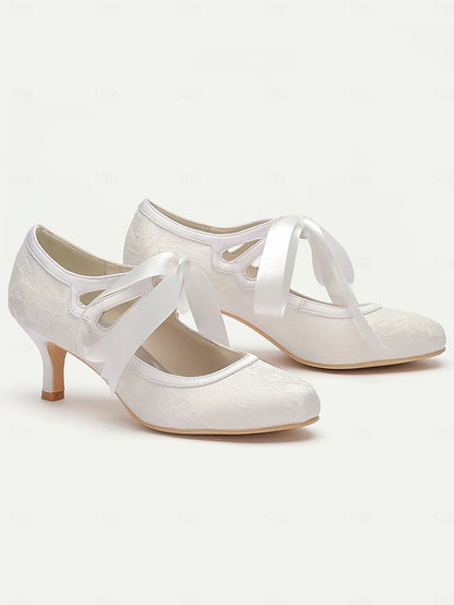 Satin Ribbon Bridal - Elegant White Pumps Vintage Lace with Ties