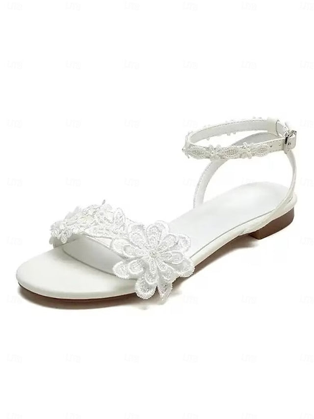 Straps Open-Toe Block Floral Sandals White Ankle Flats with Lace