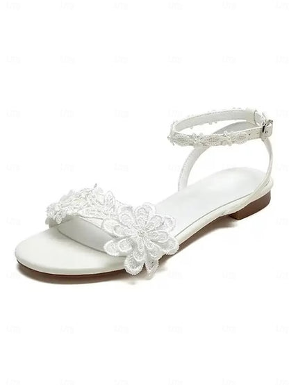 Block White Flats Straps Floral Open-Toe Sandals with Lace Ankle