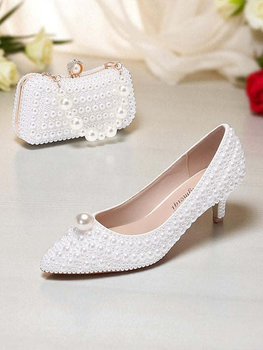 Women's Matching Kitten Pearl-Embellished Pumps Heel and