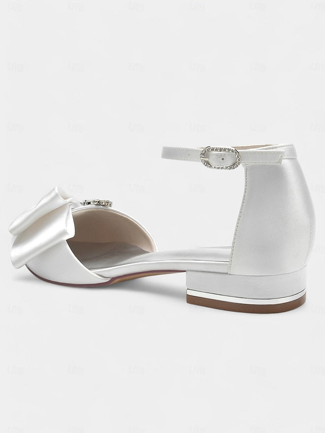 Bow with Pointed-Toe Rhinestone Ankle White Heels Satin and