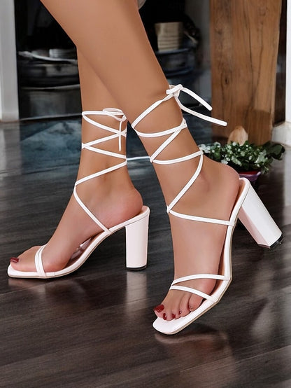 Heel with Strappy Women's Heels Lace-Up Clear White Block