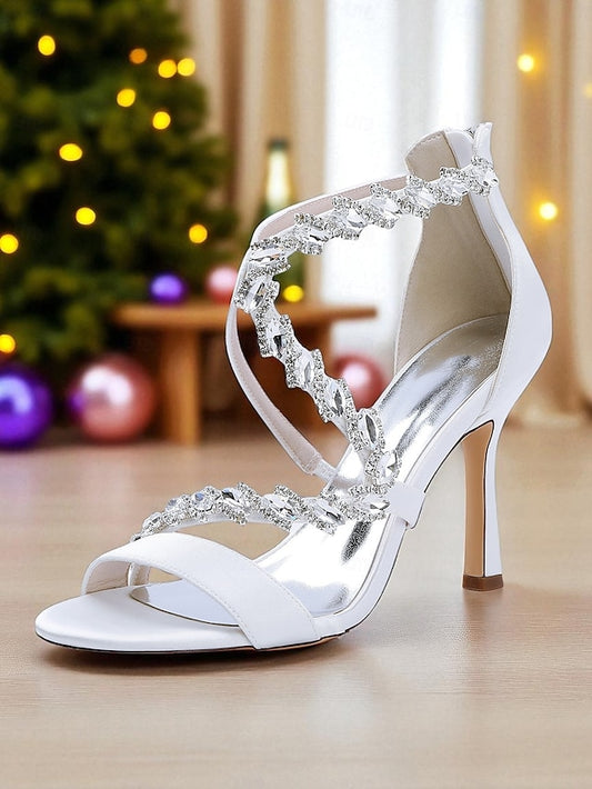 Strappy Rhinestone White Heel Sandals - High Women's