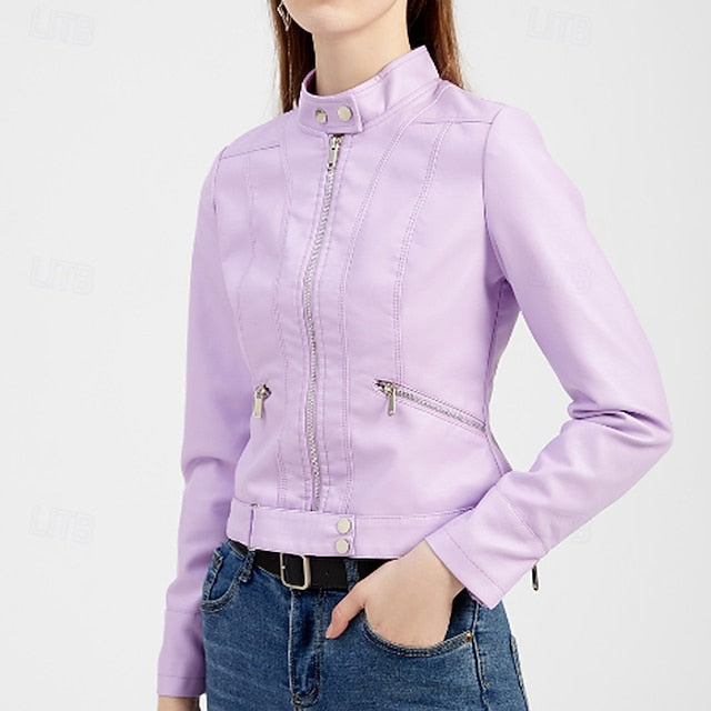 Faux Comfortable Pocket Women's Leather Jacket Zipper