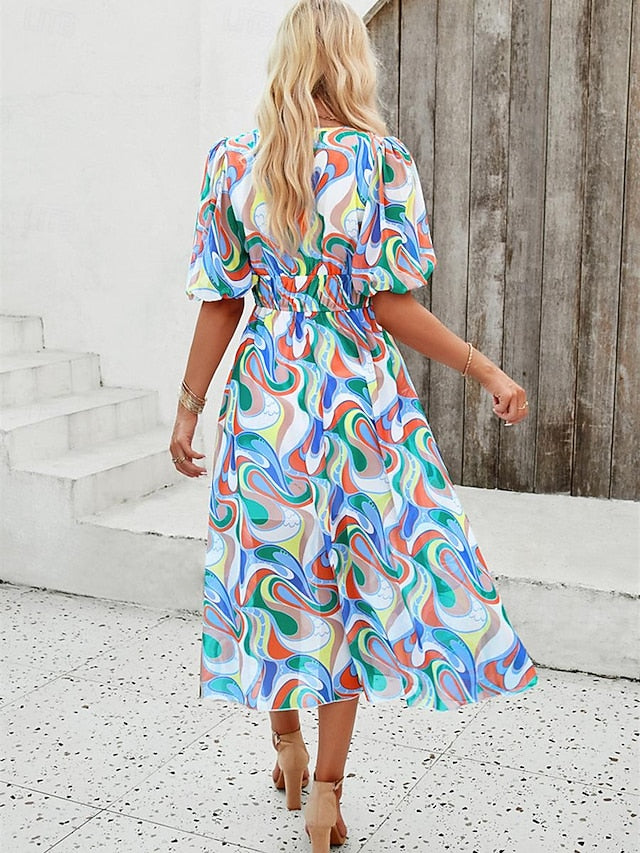 Women's Casual Dress Floral Print V Neck Midi Dress Ethnic