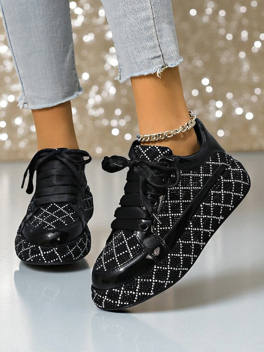 Quilted and Rhinestone Black Sneakers - Women's Silver