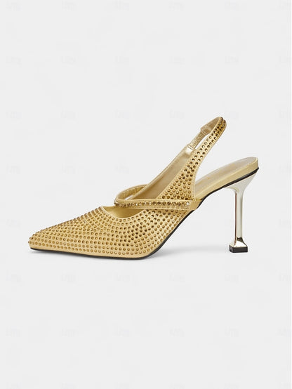 Pointed Rhinestone Heels - Women's Gold Sparkly Toe
