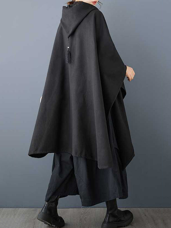 Stilvoller schwarzer Trenchcoat mit Kapuze, Kordelzug, Quastentaschen, Reißverschluss und Fledermausärmeln TW007 