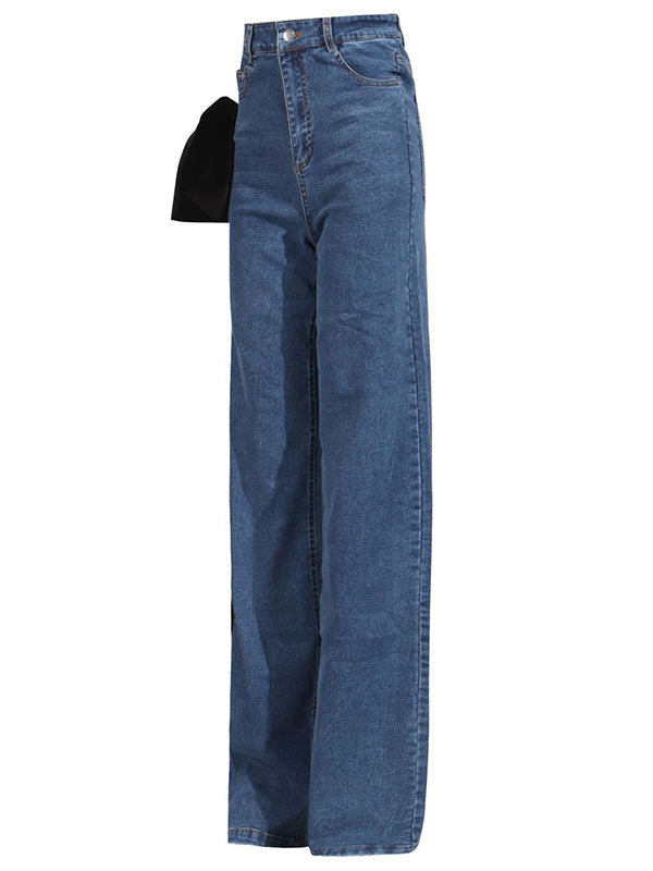 Jean droit rouge chic noué taille haute boutonné 