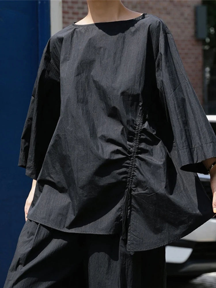 Lässiges Baumwolltop mit Kordelzugärmeln in Khaki, halb asymmetrisch 