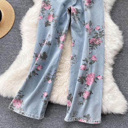 Pantalon large en denim à imprimé rose bleu pour femme AR1016 