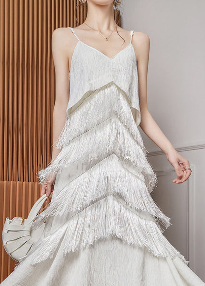 Ärmelloses Spaghetti V-Ausschnitt Elegantes weißes Kleid mit Quasten 
