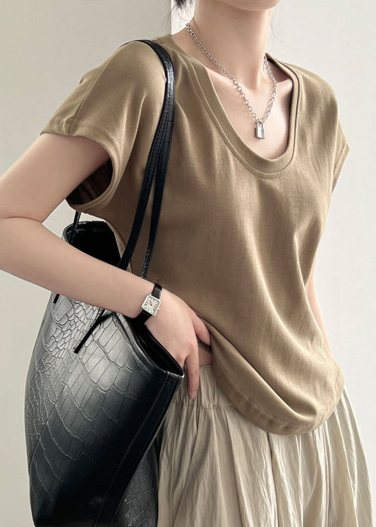 Sommer Solide Einfache Kaffee T Neck O Shirt Baumwolle 