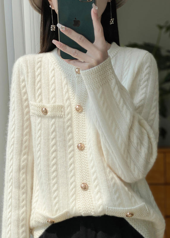 Style Beige O Neck Pockets Button Woolen Cardigans Winter RY017