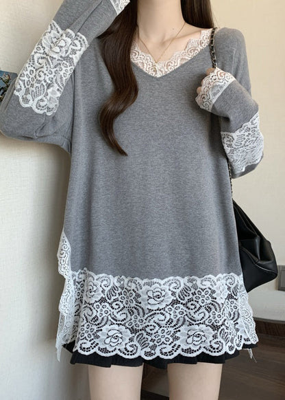 French Grey V Neck Lace Patchwork Cotton T Shirt Top Spring TW011