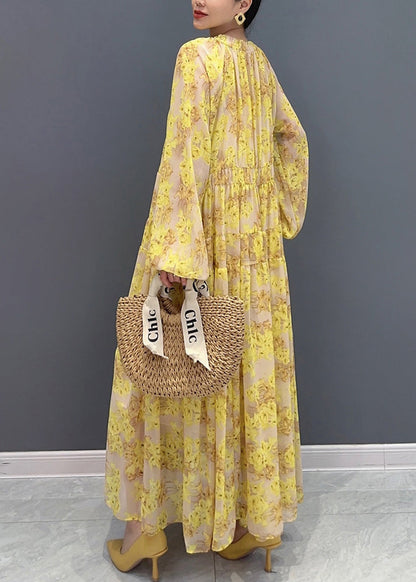 Robe longue en mousseline de soie jaune à volants et col en V grande taille Automne AO1069 