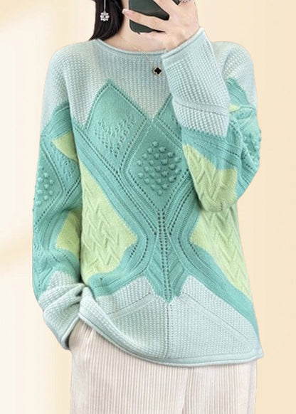 Magnifique pull en tricot de coton à carreaux vert à col rond Automne QP018 