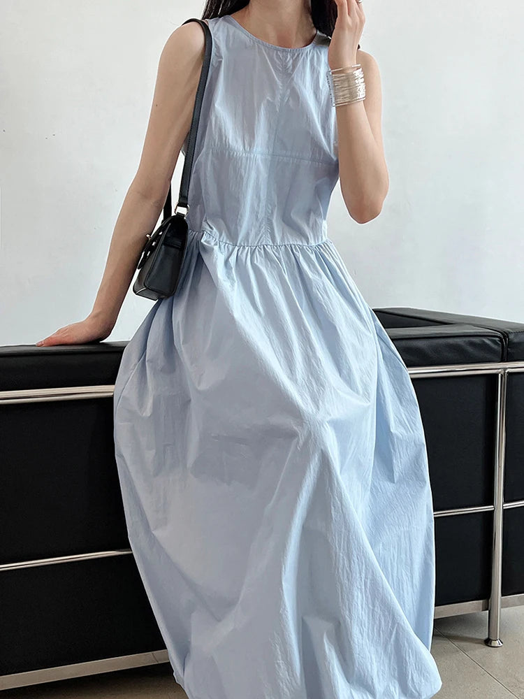 Patchwork-Kleid mit O-Ausschnitt, schlicht, ärmellos, blau, Puffsaum 