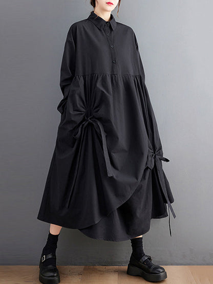 Robe chemise noire élégante à revers boutonnée avec cordon de serrage et poches plissées nouées et manches WS004 