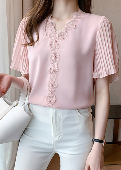Patchwork Sommer Chiffon Italienische Nagelperlen Shirt Top Spitze Rosa 