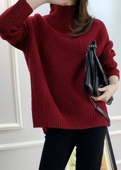 Pull en tricot de coton confortable à col roulé rouge pour femme Automne QX033 