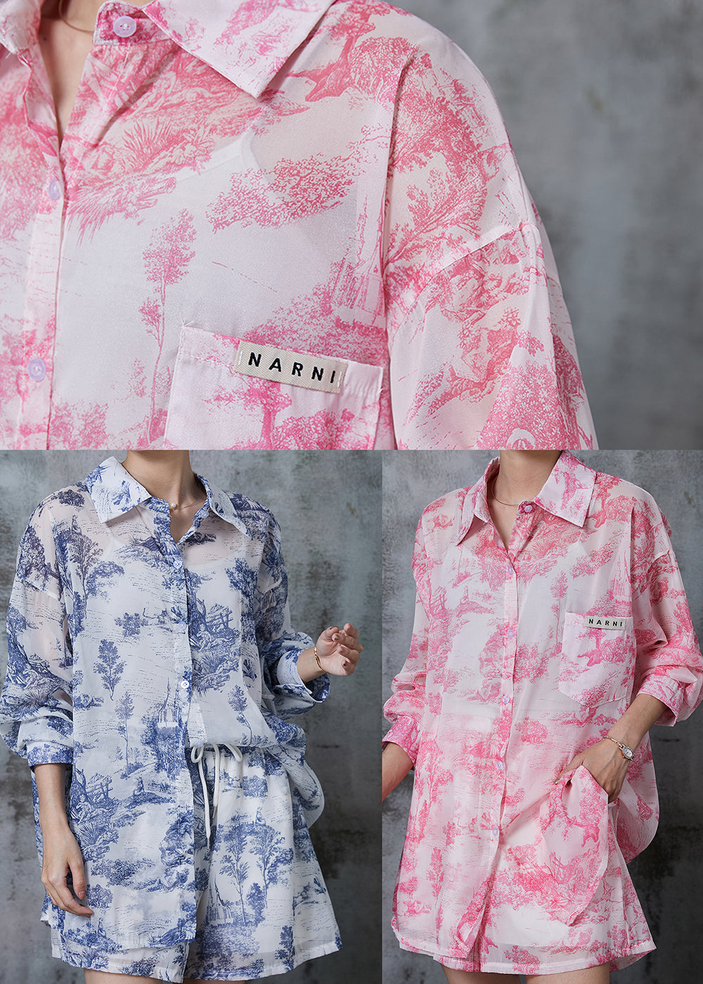 Simple Pink Oversized Print Chiffon Two Pieces Set Summer QA1013