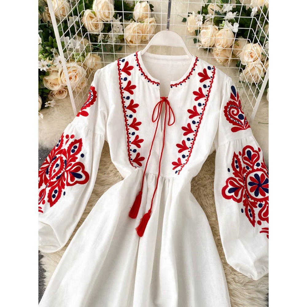 Bohemian Navy O-Neck Lacing Embroidered Flower Lantern Sleeve A-line Dress AR1011