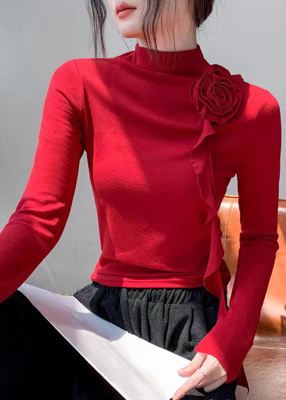 Slim Fit Red Turtleneck Rose Tassel Top Fall WV004