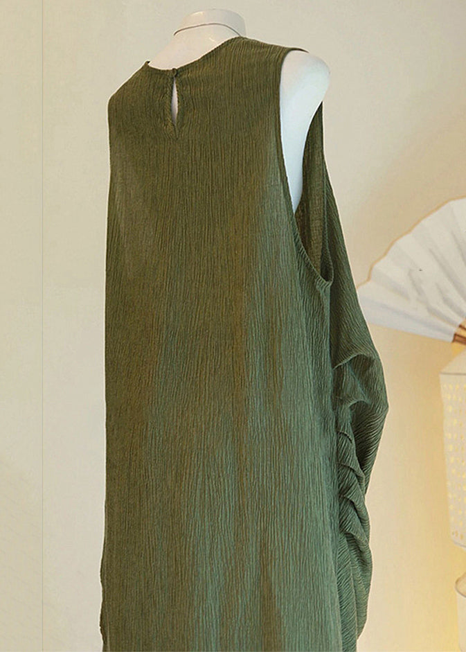 Button Cotton Set Sleeveless Asymmetrical Two Pieces Women Green