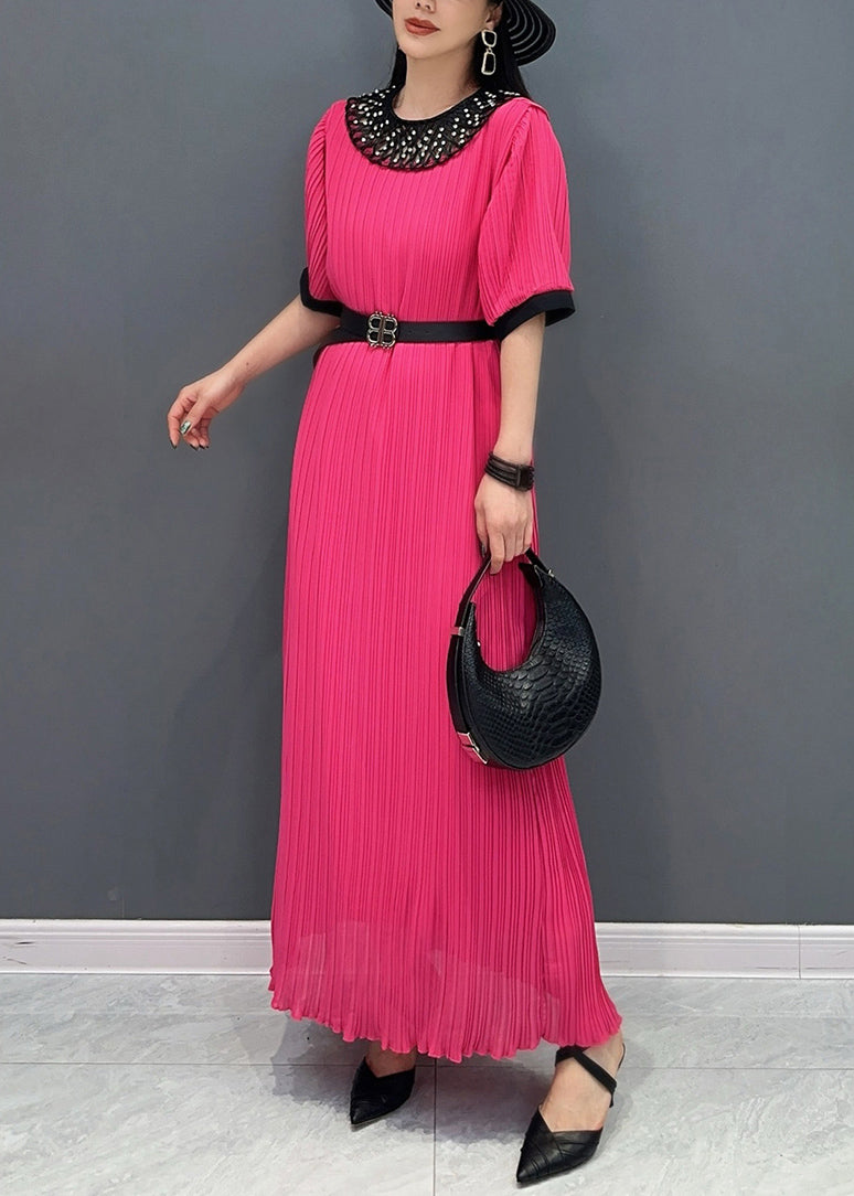 Style Red O-Neck Wrinkled Long Dress Short Sleeve AO1023