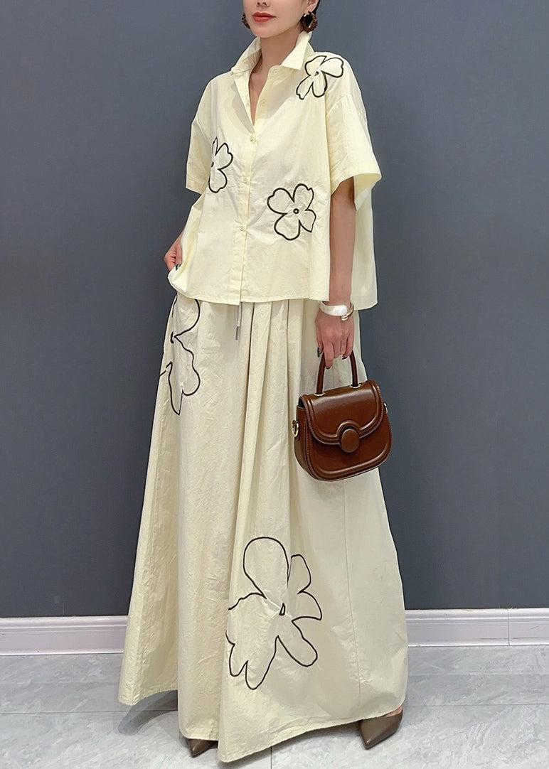 Cute Apricot Peter Pan Collar Button Shirts And Maxi Skirts Two Piece Set Summer AO1038